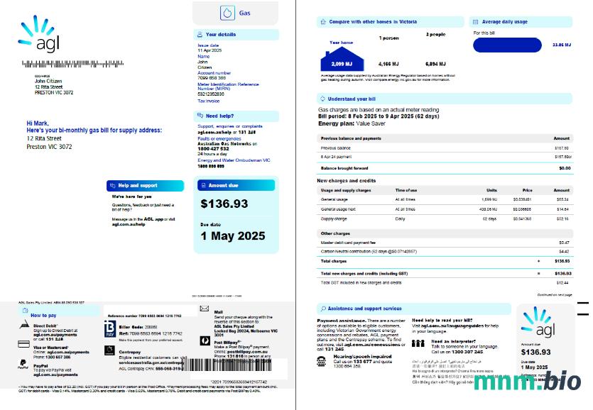 Szablon rachunku za media gazowe Australia AGL w formatach Word i PDF, 3 strony, 1-2 strony